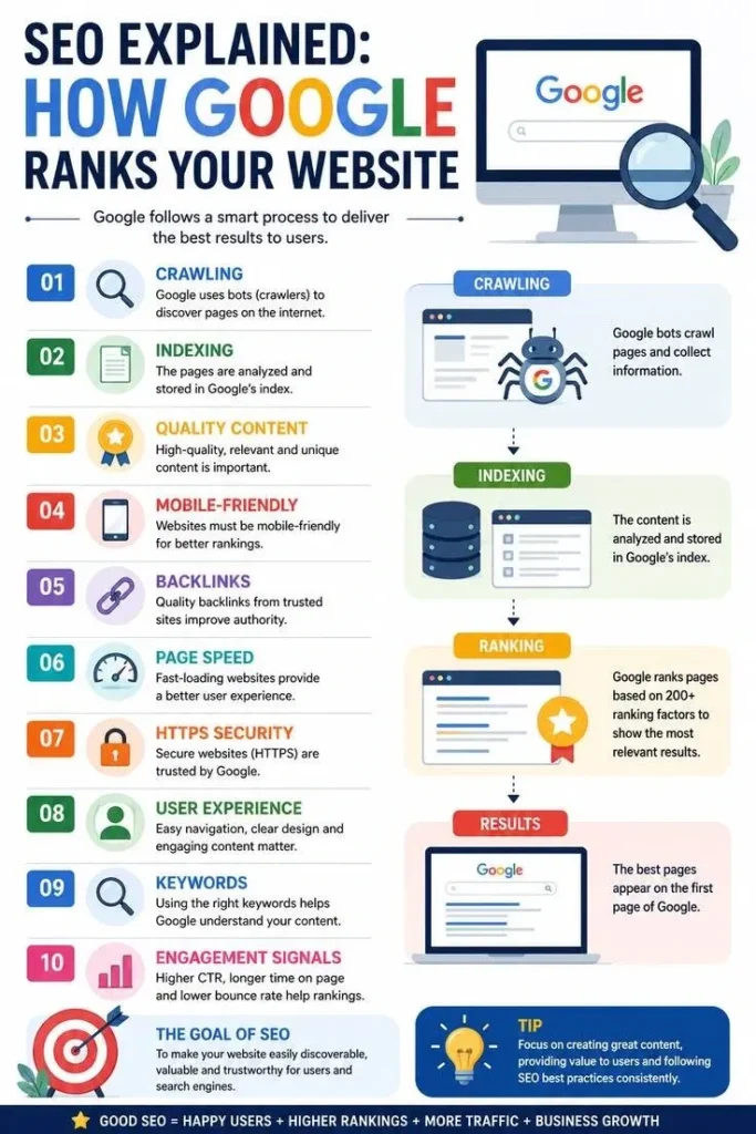 Simple diagram showing how Google finds and ranks pages using SEO fundamentals