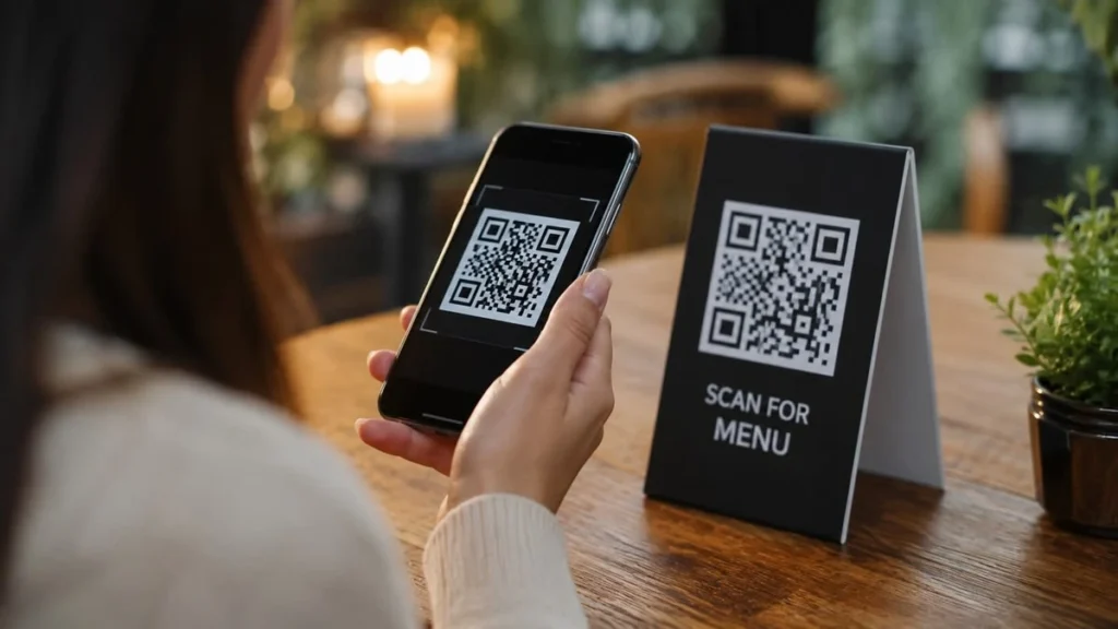 customer scanning a Google review QR code at a local business