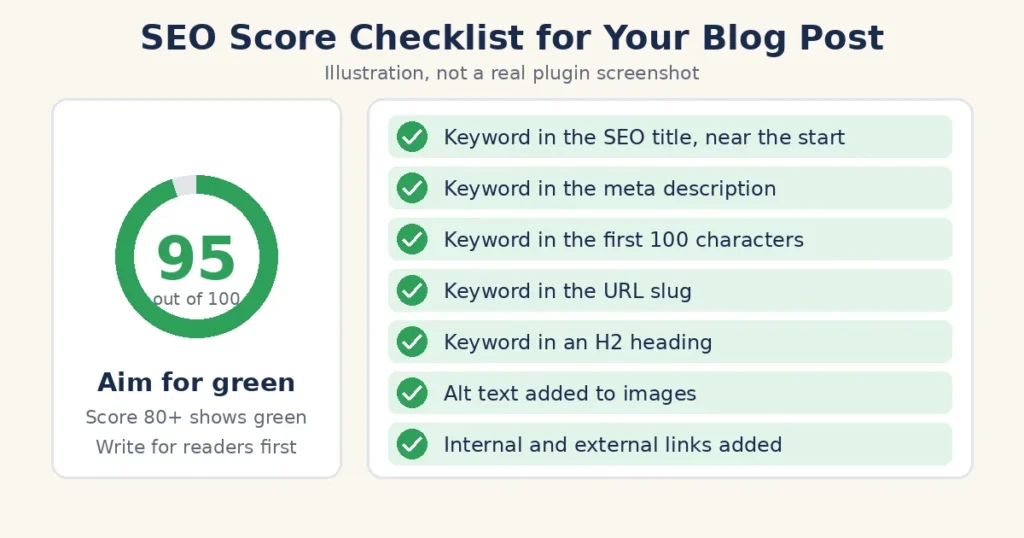 Rank Math score panel with green checks for an SEO blog post
